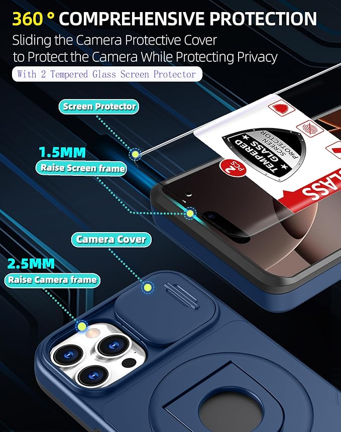 for iPhone 16 Pro Case Magnetic Compatible with MagSafe Wireless Charging with 2 Screen Protectors,Case Built-in Kickstand Ring Camera Heavy Duty Protection Military Grade Drop Shockproof Blue