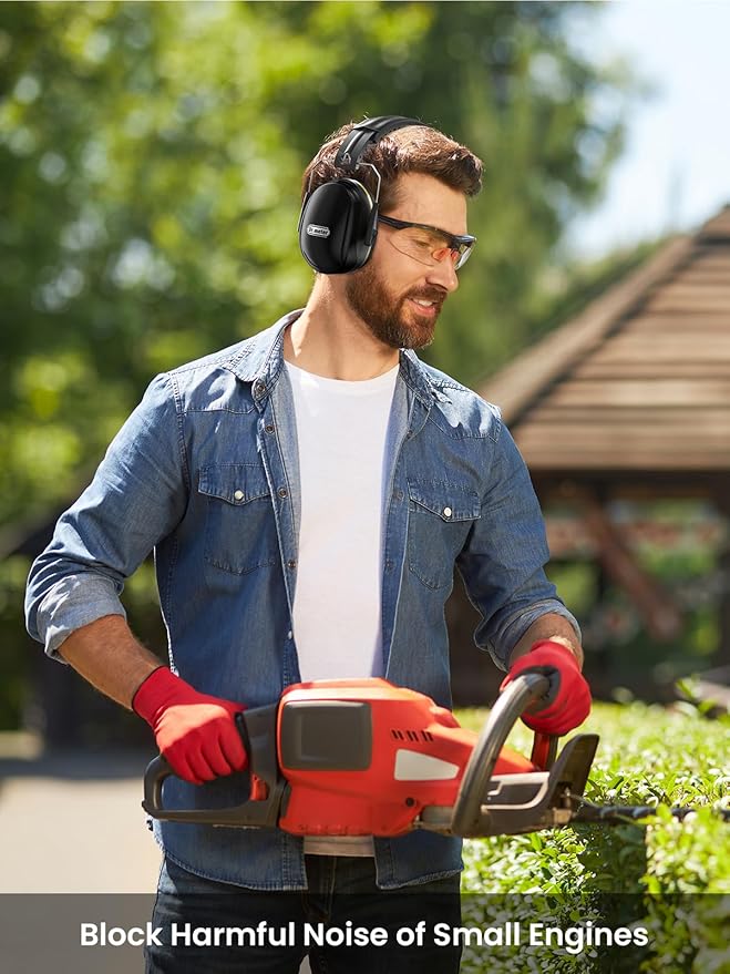 Dr.meter Hearing Protection Ear Muffs, 31dB Noise Reduction Safety Earmuffs with Adjustable Headband for Adults Kids Autism Sensory, Ear Muff for Yard Work, Mowing or Hunting -Pure Black