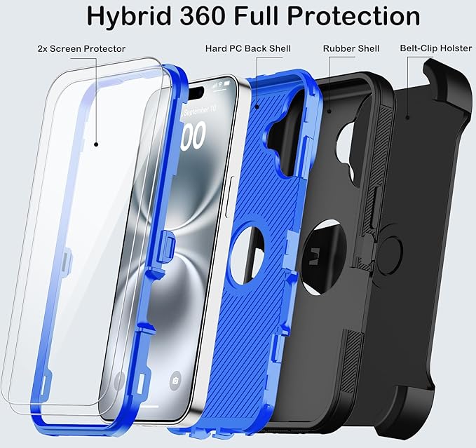 for iPhone 16 Case with 2 Screen Protectors,Heavy Duty Shockproof Drop Protection Military Grade Tri-Layer Rugged Cell Phone Cover with Belt Clip Holster & Kickstand for Apple 16 6.3“ Black Blue