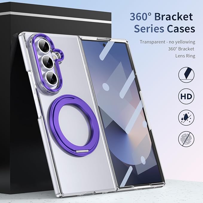 for Samsung Galaxy Z Fold 7 Case with Magnetic Ring Holder, 360 Rotating Bracket, Built-in Front Screen Len Protector, Anti-Yellowing & Anti-Fingerprint Crystal Clear Case.(Violet)
