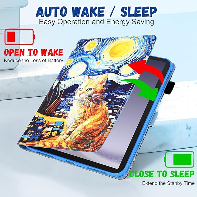 Case for Samsung Galaxy Tab A9+ Plus 11 Inch 2025 2024 2023 (SM-X210/X216/X218), Samsung Tablet A9 Plus Case, Cute PU Leather Folio Stand Cover for Galaxy Tab A9+, Auto Wake/Sleep - Starry Night Cat