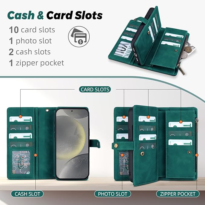 TwoHead for Samsung Galaxy S24 Wallet Case with Card Holder,Detachable Magnetic Phone Case for Galaxy S24,PU Leather Shockproof Protective Phone Cover Wallet with Wrist Strap(6.1 in,Green)
