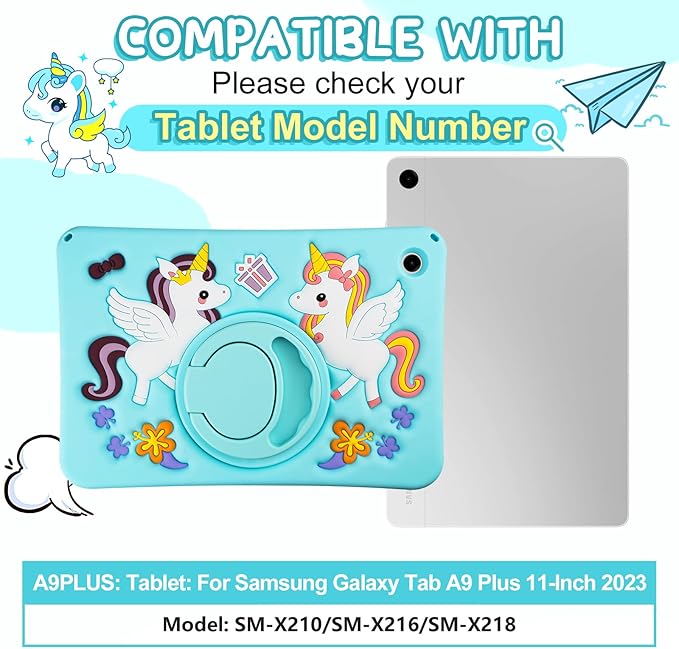 HianDier for Samsung Galaxy Tab A9+ Plus Case Kids Cute Unicorn Silicone for Samsung A9 Plus Tablet Case with Detachable Strap and Rotatable Stand Shockproof Cover for Galaxy Tab A9+ 11" 2023-Blue