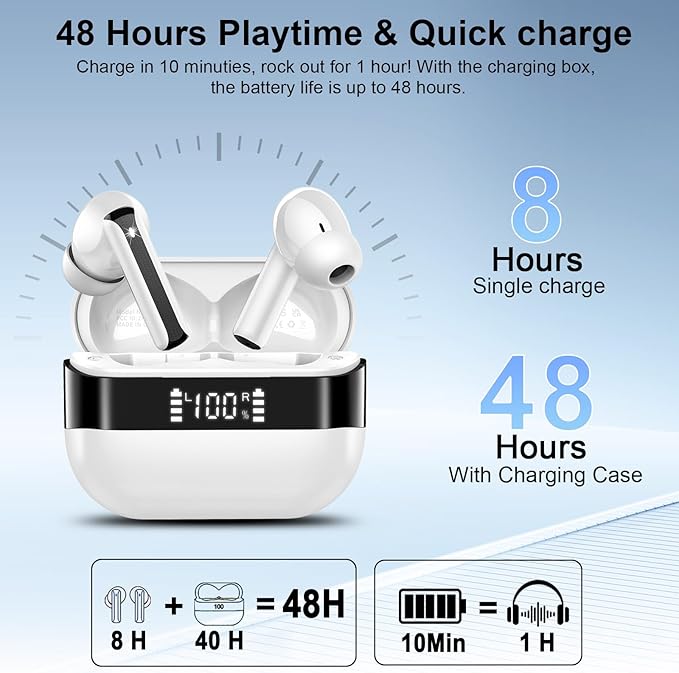 Wireless Earbuds, Bluetooth 5.4 Headphones with HiFi Stereo, in Ear Earphones with 4 ENC Mics, 48H Bluetooth Earbuds with LED Display Charging Case, IP7 Waterproof Ear Buds for Android iOS White