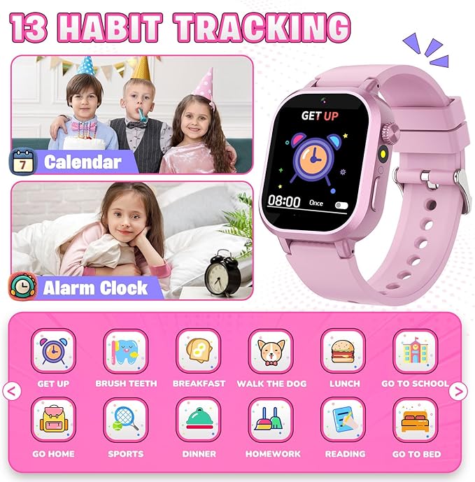 Vakzovy Kids Waterproof Smart Watch Girls Gift Age 4-12, Kids Watch with 39 Games Video Camera Music Player Alarm Clock Pedometer Calculator Habit Tracking Birthday Gift for 6 7 8 9 Year Olds Girls