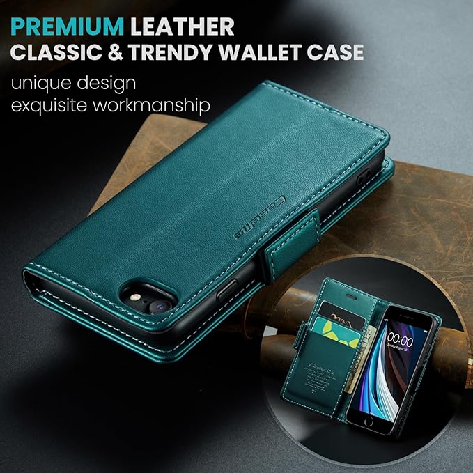 for iPhone SE 2022/3rd/2020/2rd,iPhone 8/7 Case, Premium PU Leather Wallet Case Flip Cover with [RFID Blocking][Card Holder] Protective for iPhone SE 2022/2020, iPhone 8/7, Blue-Green