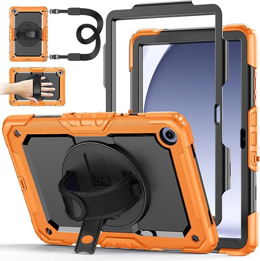 Case for Samsung Galaxy Tab A9+/A9 Plus 11 Inch 2023(SM-X210/X216/X218), Ubearkk Full-Body Drop Protection Case with Screen Protector, 360° Rotating Stand and Hand/Shoulder Strap, Orange