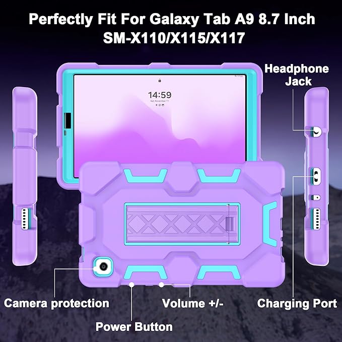 CCMAO Case for Samsung Galaxy Tab A9 Case 8.7 Inch 2023 Model, Heavy Duty Shockproof Hybrid Three Layer Protective Cover with Kickstand for Samsung A9 Tablet 8.7" (SM-X110/X115/X117), Purple+Green