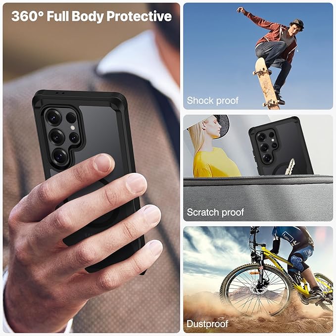 CENHUFO Magnetic Privacy for Samsung Galaxy S25 Ultra Case, Full Body Phone Case with Built-in 9H Tempered Glass Privacy Screen Protector and Camera Lens Cover, Shockproof Protective Bumper -Black