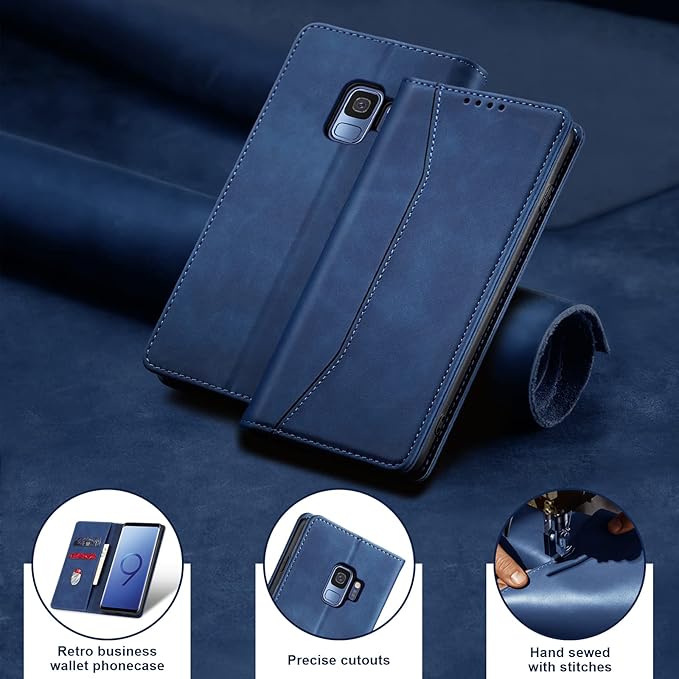 Jasonyu Flip Wallet Case for Samsung Galaxy S9,Leather Magnetic Folio Cover with Card Holder,Kickstand - TPU Shockproof Durable Protective Phone Case,Blue