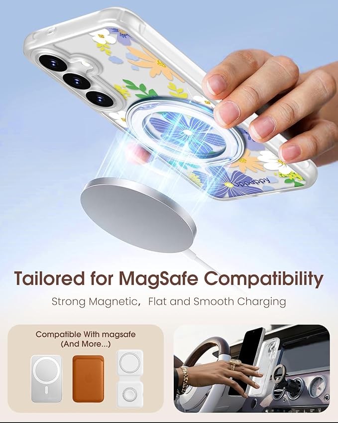 for Samsung Galaxy S25 Case with 360° Rotatable Magnetic Ring - Compatible with MagSafe, Semi-Transparent Soft-Touch Material Shockproof, Cute Purple Flower Design for Women Girl