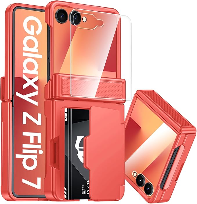 CENMASO for Samsung Galaxy Z Flip 7 Case with Card Holder [RFID Blocking] & Hinge Protection & HD Screen Protector, Rugged Anti-Scratch Full-Body Shockproof Phone Case for Z Flip 7-Coral Red
