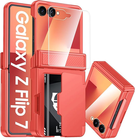 CENMASO for Samsung Galaxy Z Flip 7 Case with Card Holder [RFID Blocking] & Hinge Protection & HD Screen Protector, Rugged Anti-Scratch Full-Body Shockproof Phone Case for Z Flip 7-Coral Red