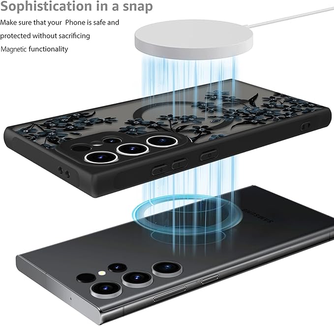 Fiyart Designed for Samsung Galaxy S24 Ultra Case Matte Flowers Design Compatible with MagSafe Wireless Charging,Cute Floral Anti-Scratch Translucent Phone Cover for Women Girls 6.8"-Black