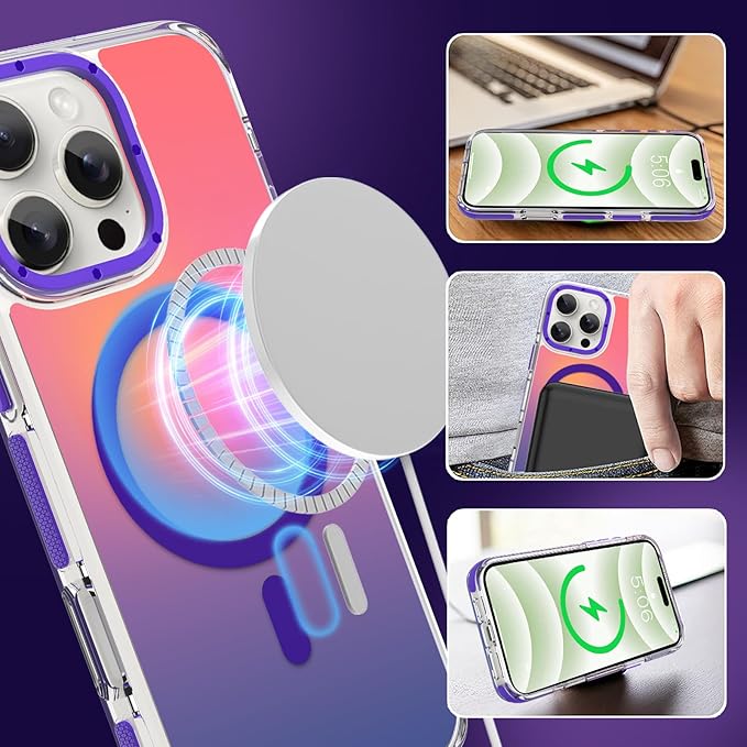 MOWIME Magnetic Case for iPhone 16 Pro [Compatible with Magsafe] [Cute Fashion Fluorescent Design] [1 Screen Protector] Slim Translucent Matte Case for iPhone 16 Pro 6.3" 2024, Purple