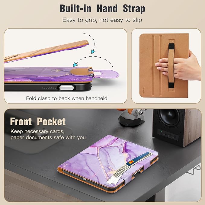 MoKo for iPad (A16) 11th Generation Case 11 inch 2025, iPad 10th Generation Case 10.9" 2022 with Pencil Holder & Pocket, Premium Leather Folio Stand Cover, Multiple Viewing Angles, Purple Gold Marble
