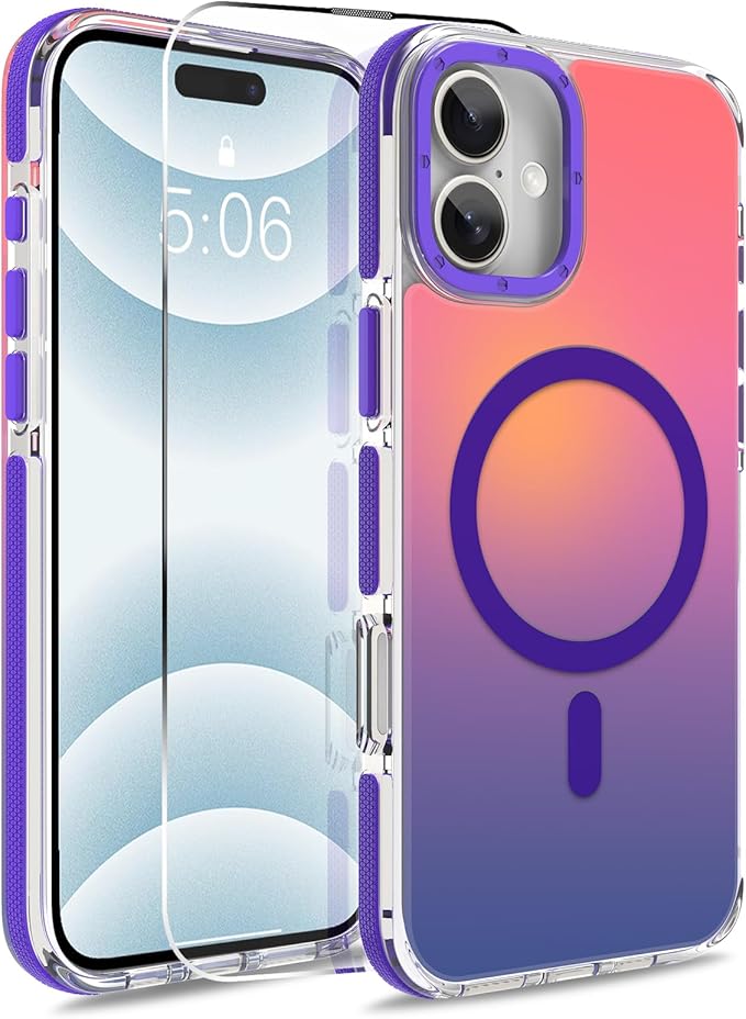MOWIME Magnetic Case for iPhone 16 [Compatible with Magsafe] [Cute Fashion Fluorescent Design] [1 Screen Protector] Slim Translucent Matte Case for iPhone 16 6.1" 2024, Purple