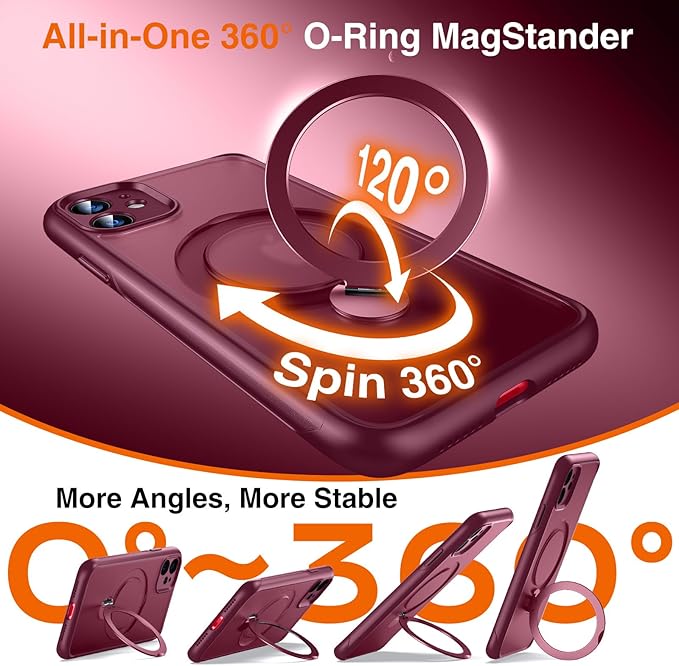 360° O-Ring MagStander for iPhone 11 Case with Magnetic Kickstand Ring Holder [Compatible with MagSafe][360°Rotate Stand Ring][Military Shockproof] Magnet iPhone 11 Phone Cover Burgundy