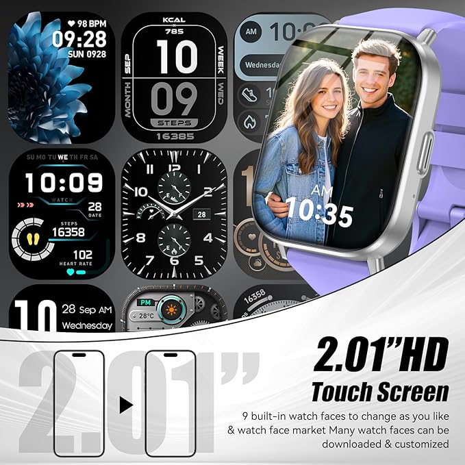 Smart Watch, 2.01" HD Touchscreen Fitness Watch, Bluetooth Calls, 120 Sports Modes Activity Tracker, 24/7 Heart Rate & Sleep Monitor, IP67 Waterproof, iOS Android Compatible (Purple)