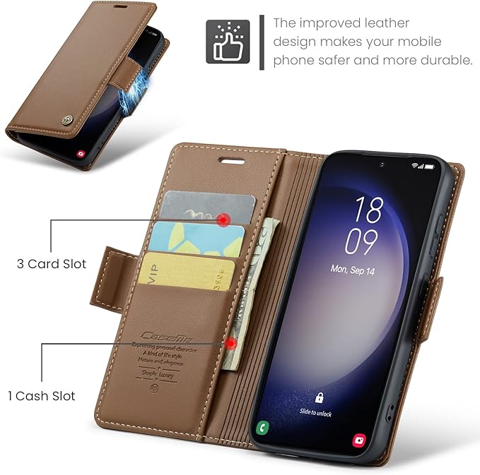 Case for Samsung Galaxy S23 Wallet Case, RFID Blocking PU Leather Flip Folio Cover Card Holder Kickstand Shockproof Phone Case Compatible with Samsung Galaxy S23, Brown