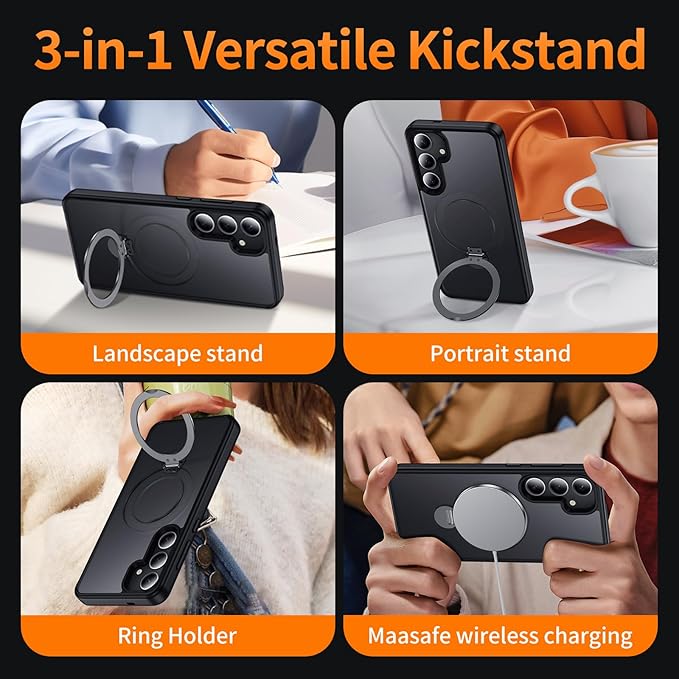 for Samsung Galaxy S24+ Plus Case,Compatible with Magsafe,with 360°Rotatable Magnetic Ring Stand [Wireless Charging],Matte Translucent Slim Soft Edge Phone Kickstand,Black