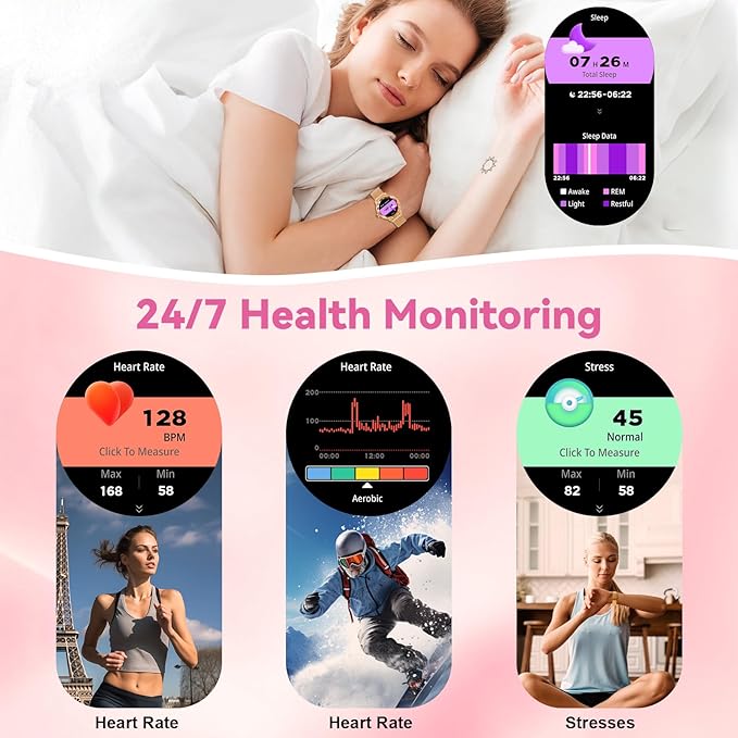 Smart Watch for Women with Make/Answer Call, 1.2" Adjustable Fitness Watch with Heart Rate Sleep Monitor Female Cycle and 100+ Sports Modes (W02-Rose Gold)