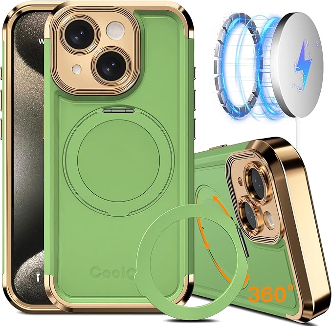 COOLQO for iPhone 15 Case 6.1'' Upgraded 360° Spin Magnetic Stand [Compatible with Magsafe][Military Protection] Plating Matte Scratch-Resistant Back Protective Shockproof Phone Case, Matcha Gold