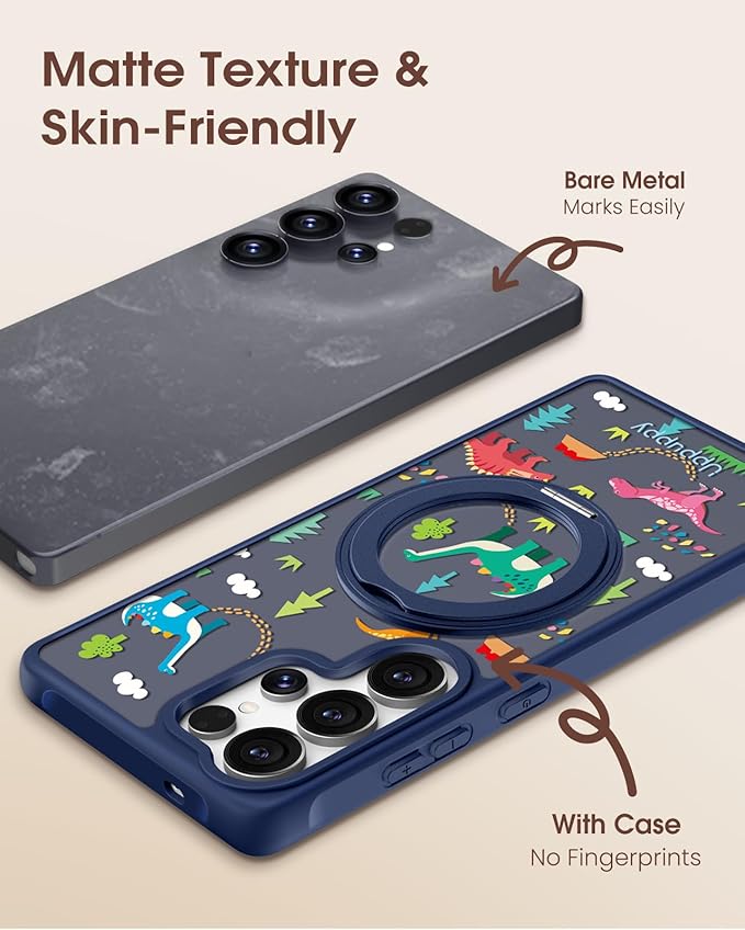 for Samsung Galaxy S25 Ultra Case with 360° Rotatable Magnetic Ring - Compatible with MagSafe, Semi-Transparent Soft-Touch Material Shockproof, Cute Dinosaur Design for Women Girl
