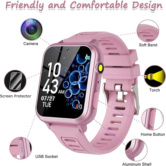 Smart Watch for Kids with 36 Games HD Touch Touchscreen Alarm Clock, Camera Music Player Pedometer Flashlight 12/24 hr Video & Audio Recording, Toys Gift for 3-12 Years Old Girls