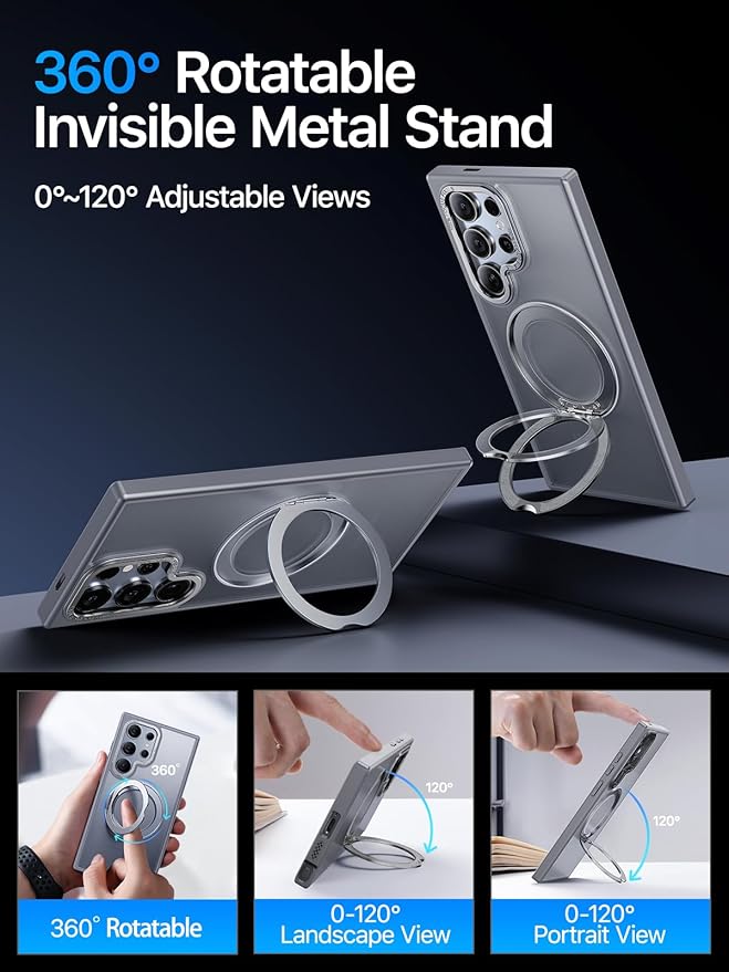 QTlier for Samsung Galaxy S24 Ultra Case, 360° Rotatable Magnetic Ring Stand Case, [Military-Grade Protection] [Raised Camera Frame] Case for Samsung Galaxy S24 Ultra, Matte Translucent Grey