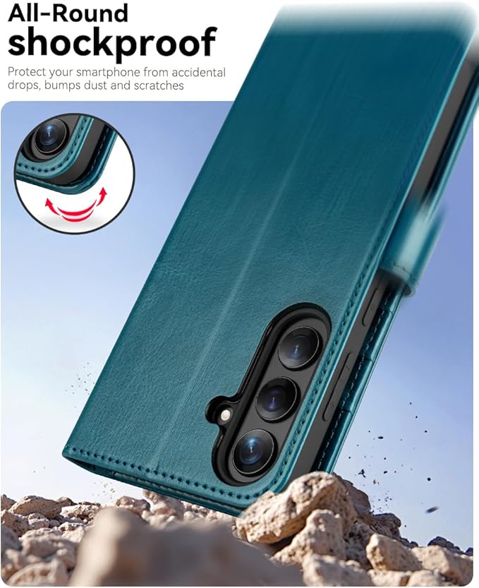 OCASE Compatible with Galaxy S25 FE Wallet Case, PU Leather Flip Folio Case with Card Holders RFID Blocking Kickstand [Shockproof TPU Inner Shell] Protective Phone Cover 2025, Peacock Blue