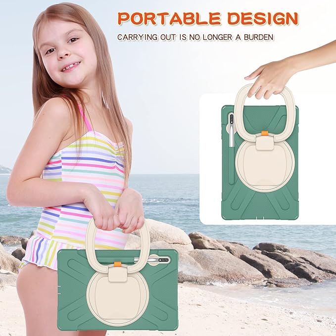 360 Rotation Portable Case for Galaxy Tab S8+/S7 FE/S7+ 12.4 Inch Case with S Pen Holder Rugged Case Rotating Stand Hand Strap Shoulder Carrying Strap Outdoor Cover (DarkGreen)