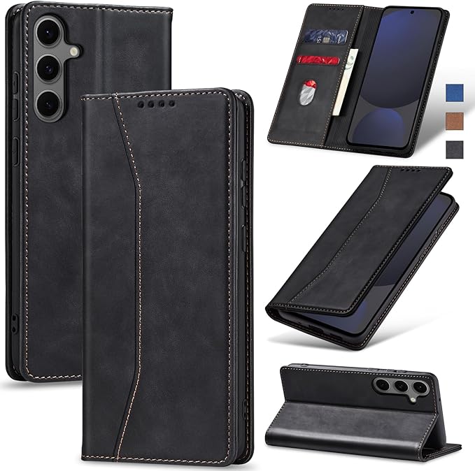 Jasonyu Flip Wallet Case for Samsung Galaxy S24 FE,Leather Magnetic Folio Cover with Card Holder,Kickstand - TPU Shockproof Durable Protective Phone Case,Black