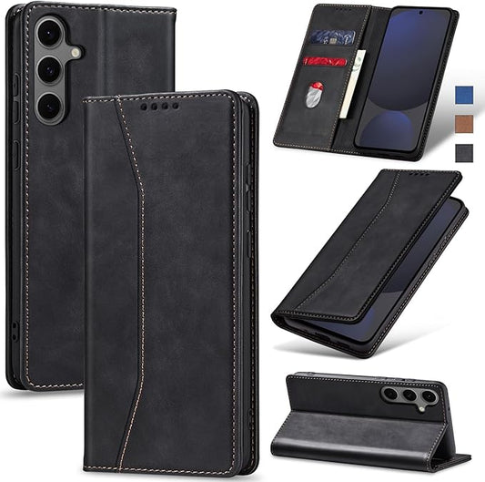 Jasonyu Flip Wallet Case for Samsung Galaxy S24 FE,Leather Magnetic Folio Cover with Card Holder,Kickstand - TPU Shockproof Durable Protective Phone Case,Black