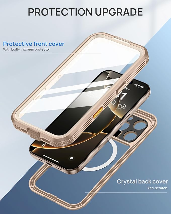 Lanhiem Magnetic for iPhone 16 Pro Case, IP68 Waterproof Dustproof Case, [Compatible with Magsafe] [Built-in Screen Protector] Full Body Heavy Duty Rugged Phone Cover 6.3 inch, Desert