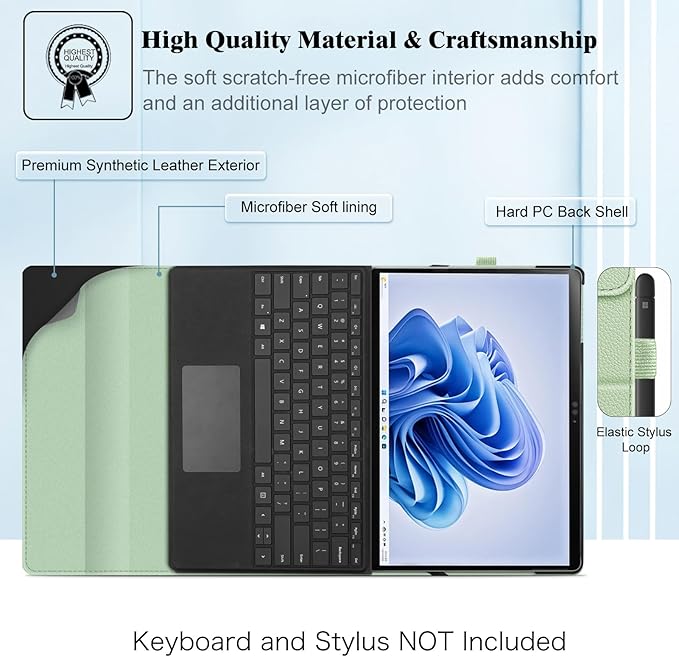 Fintie Case for 13 Inch Microsoft Surface Pro 11/10/9 - Multiple Angle Viewing Portfolio Business Cover with Pocket & Stylus Holder, Compatible with Type Cover Keyboard, Mint Green