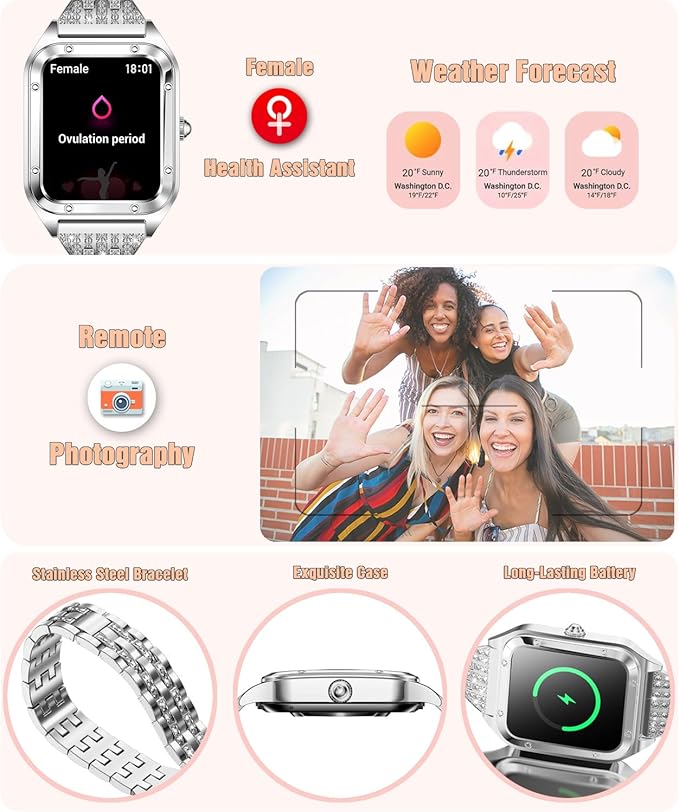 Smart Watch for Women, 1.59'' Full Touch Women's Smartwatch with Female Health Tracking, Fitness Tracker Heart Rate Monitor, Waterproof Sports Smartwatch for Android iOS (Silver Steel RT-i98)