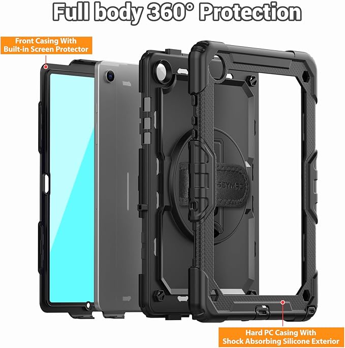 SEYMAC Case for Samsung Galaxy Tab A9+/ A9 Plus Case 11" 2023 (SM-X210/X216/X218), Heavy Duty Shockproof Protective Case with Screen Protector, Rotating Stand and Hand/Shoulder Strap, Black