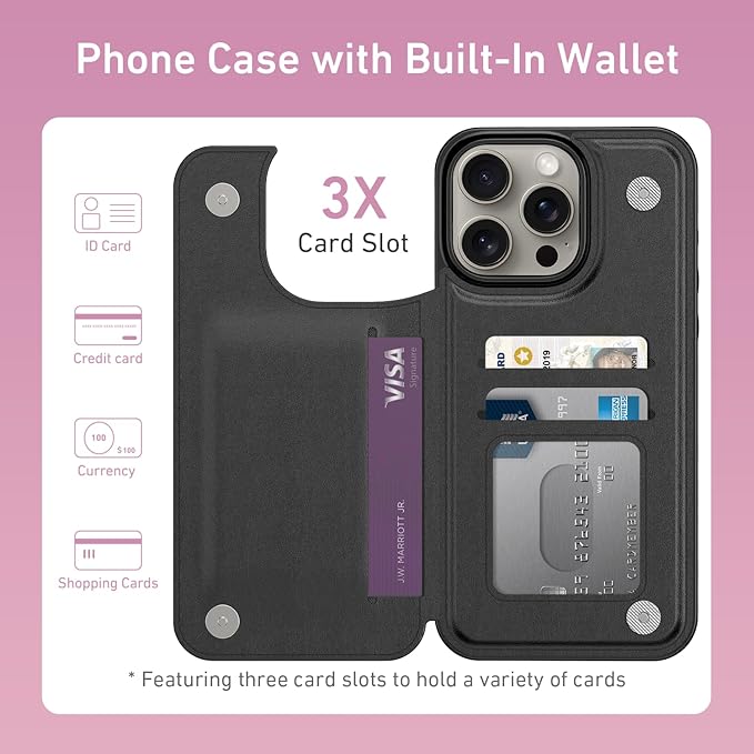 FUNMIKO for iPhone 15 Pro Wallet Case with Card Holder, RFID-Blocking, Military-Grade Protection & UV-Printed Artwork, Magnetic Closure with Leather Kickstand - Black