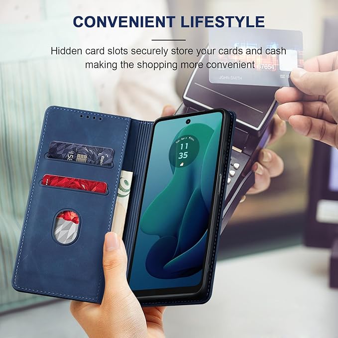 Jasonyu Flip Wallet Case for Moto G 5G (2024),Leather Magnetic Folio Cover with Card Holder,Kickstand - TPU Shockproof Durable Protective Phone Case,Blue