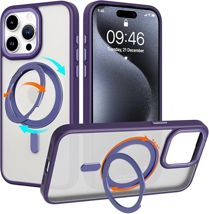 ZIYE Magnetic Case for iPhone 15 Pro Max Case with Stand [Compatible with MagSafe] Slim Shockproof Military Grade Heavy Duty Cover with 360 Rotatable Ring Kickstand for Women Men, Translucent Purple