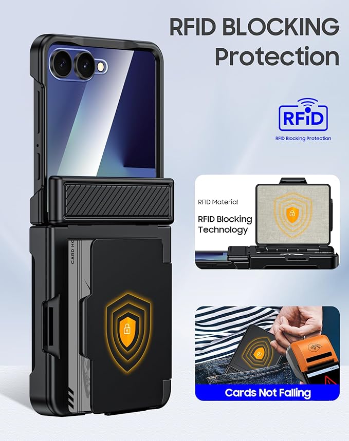 for Samsung Galaxy Z Flip 7 Case Wallet RFID Card Holder&Hinge Protection&HD Screen Protector, Full Body Shockproof Cover for Galaxy Z Flip 7(Black)