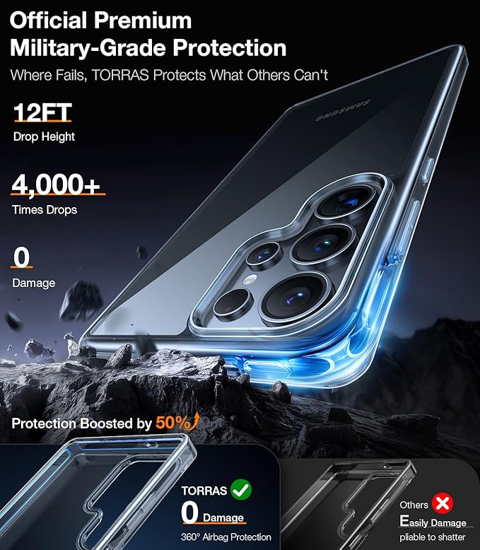 TORRAS Shockproof for Samsung Galaxy S25 Ultra Case, [Non-Yellowing] [12FT Military-Grade Protection] Transparent Slim Case for Samsung S25 Ultra Case, Diamond Clear, Hard, 6.9'' Guardian Series