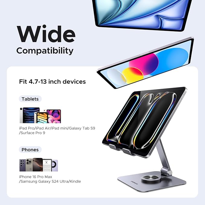 UGREEN Tablet Stand Holder for Desk 360° Rotating Base Aluminum Tablet Holder Adjustable Multi-Angle Home Office Accessories Compatible with iPad Pro Air Mini 13 12.9 11 Inch