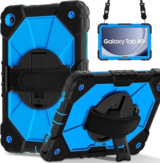 Case for Samsung Galaxy Tab A9+ 11 Inch 2023 (X210/X216/X218), Heavy Duty Shockproof Rugged 360 Rotating Hand Strap Protective Case for Galaxy Tab A9 Plus Tablet, Black+Blue