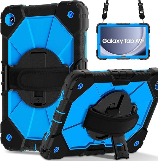 Case for Samsung Galaxy Tab A9+ 11 Inch 2023 (X210/X216/X218), Heavy Duty Shockproof Rugged 360 Rotating Hand Strap Protective Case for Galaxy Tab A9 Plus Tablet, Black+Blue