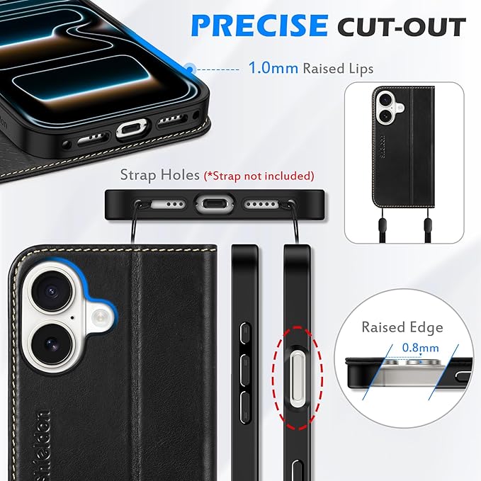 SHIELDON Genuine Leather Case Wallet for iPhone 17 6.3-inch 5G 2025 | Folio, Magnetic Closure, RFID Blocking 3 Card Slots, Kickstand, Book Design, Full Protective Cover - Retro Black