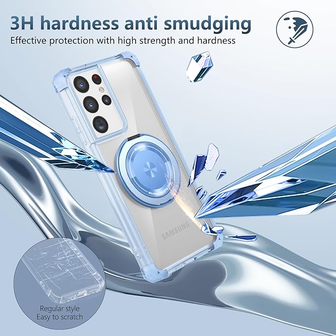 for Samsung Galaxy S21 Ultra Case Compatible Wireless Charging Magnetic,with Screen Protector,for S21Ultra Phone Case with 360°Stand Ring Military Grade Shockproof Heavy Duty Protection Blue