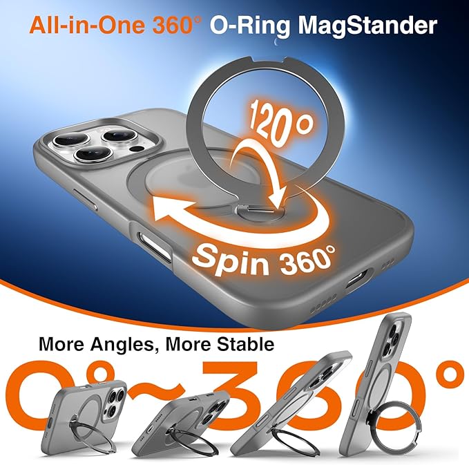 360° O-Ring MagStander for iPhone 16 Pro Max Case with Magnetic Kickstand Ring Holder [Compatible with MagSafe][360°Rotate Stand][Military Shockproof] iPhone 16 Pro Max Phone Cover Grey