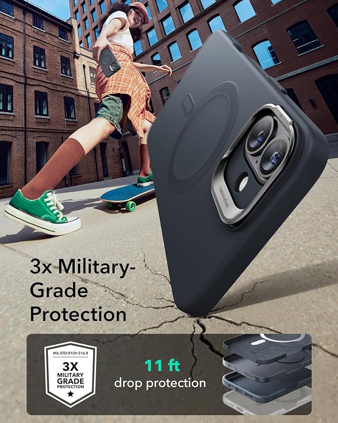 ESR for iPhone 16 Case, Silicone Case with Stand, Compatible with, Military-Grade Protection, Built-in Camera Stash Stand, Magnetic Phone Case for iPhone 16, Cloud Series, Black